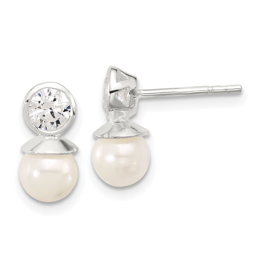 Sterling Silver Polished 3mm CZ and 6mm Glass Pearl Post Earrings