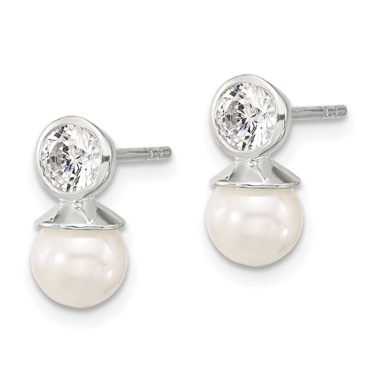Sterling Silver Polished 4mm CZ and 6mm Glass Pearl Post Earrings
