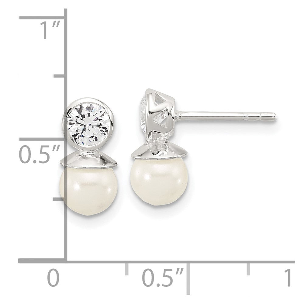 Sterling Silver Polished 4mm CZ and 6mm Glass Pearl Post Earrings