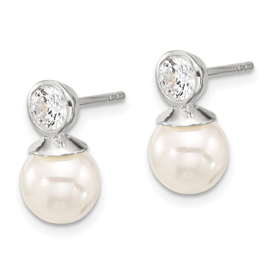 Sterling Silver Polished 5mm CZ and 8mm Glass Pearl Post Earrings