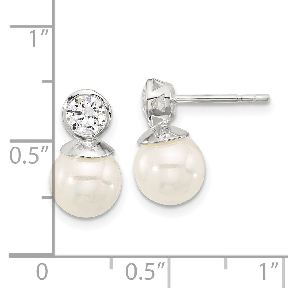 Sterling Silver Polished 5mm CZ and 8mm Glass Pearl Post Earrings