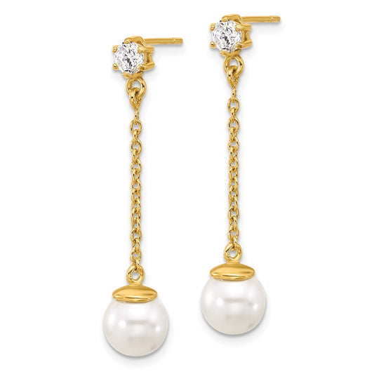 Yellow Gold-plated Sterling Silver Polished CZ and Imitation Pearl Dangle Earrings