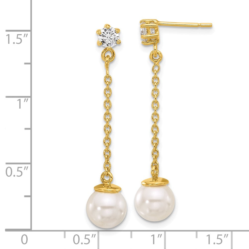 Yellow Gold-plated Sterling Silver Polished CZ and Imitation Pearl Dangle Earrings