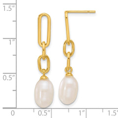 Yellow Gold-plated Sterling Silver Polished Synthetic Pearl Link Dangle Earrings