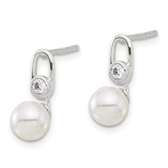 Sterling Silver E-coated 6-7mm Shell Pearl with CZ Post Earrings