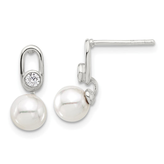 Sterling Silver E-coated 6-7mm Shell Pearl with CZ Post Earrings