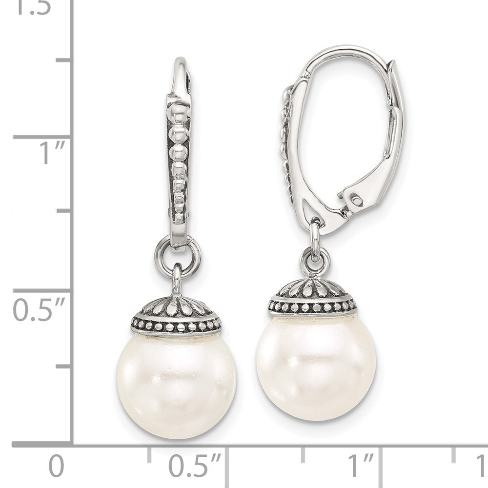 Sterling Silver Polished and Antiqued Syn. Pearl Dangle Leverback Earrings