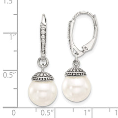 Sterling Silver Polished and Antiqued Syn. Pearl Dangle Leverback Earrings