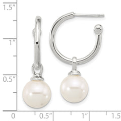 Sterling Silver Polished C-Hoop with Dangle Glass Pearl Post Earrings