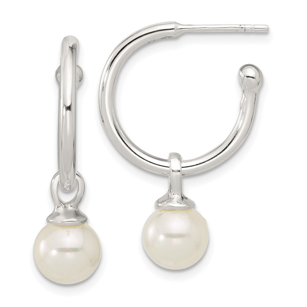 Sterling Silver Polished C-Hoop with Dangle Glass Pearl Post Earrings