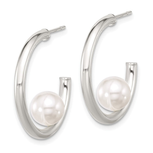 Sterling Silver Polished Synthetic Pearl Round Post Hoop Earrings