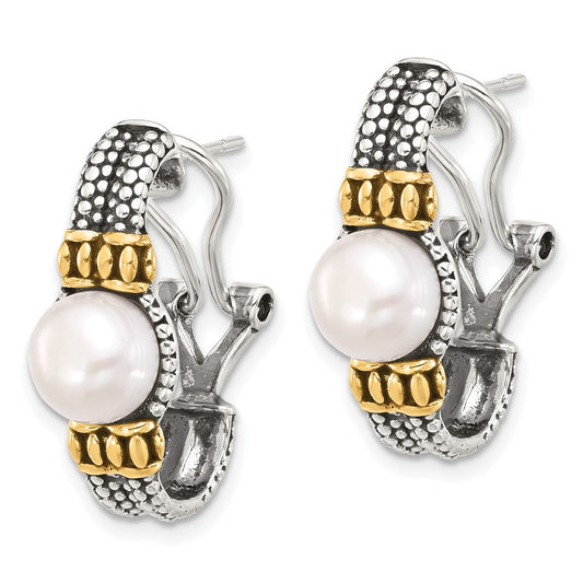 Yellow Gold-plated Sterling Silver Antiqued Synthetic Pearl Omega Back Earrings