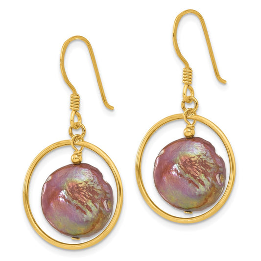 Yellow Gold-plated Sterling Silver Coin Brown FWC Pearl Dangle Earrings