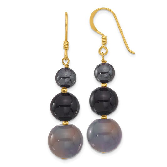 Yellow Gold-plated Sterling Silver Hematite and Black Grey Agate Earrings