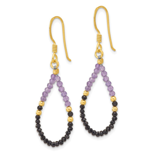 Yellow Gold-plated Sterling Silver Amethyst and Black Spinel Dangle Earrings