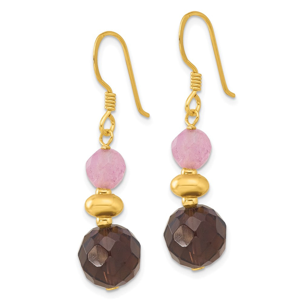 Yellow Gold-plated Sterling Silver Pink Jade and Smokey Quartz Earrings