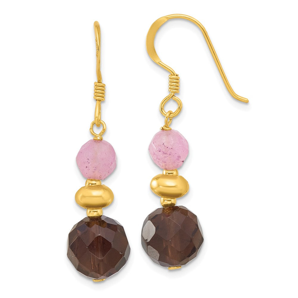 Yellow Gold-plated Sterling Silver Pink Jade and Smokey Quartz Earrings