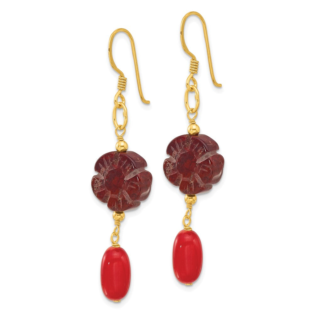 Yellow Gold-plated Sterling Silver Coral and Red Jasper Flower Earrings