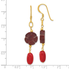 Yellow Gold-plated Sterling Silver Coral and Red Jasper Flower Earrings