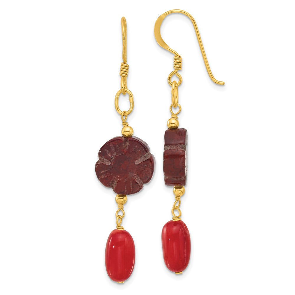 Yellow Gold-plated Sterling Silver Coral and Red Jasper Flower Earrings