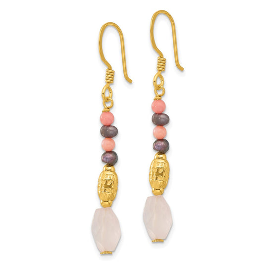 Yellow Gold-plated Sterling Silver Black FWC Pearl Coral Quartz Earrings