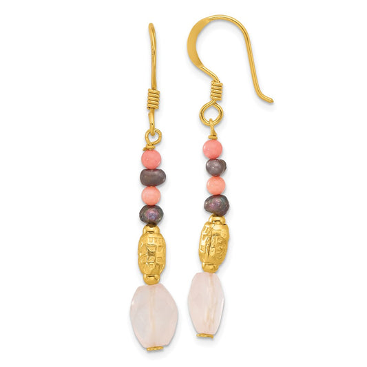 Yellow Gold-plated Sterling Silver Black FWC Pearl Coral Quartz Earrings
