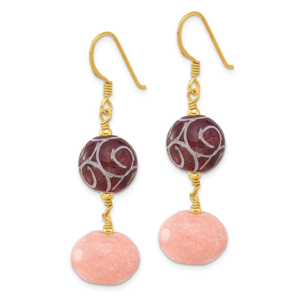 Yellow Gold-plated Sterling Silver Peach and Red Jade Dangle Earrings