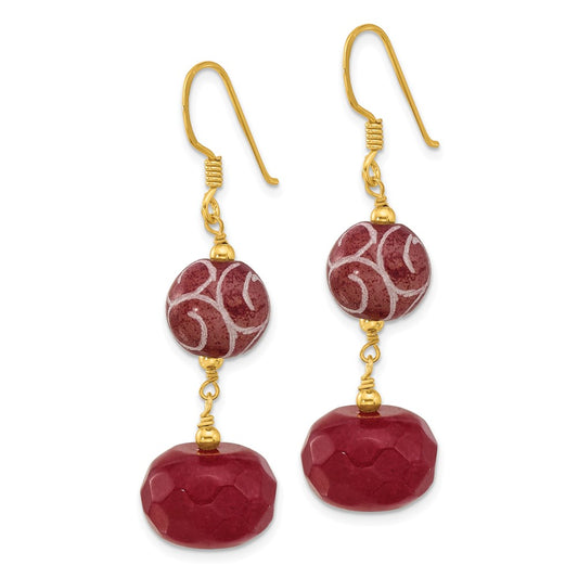Yellow Gold-plated Sterling Silver Red Jade and Dark Red Quartz Earrings