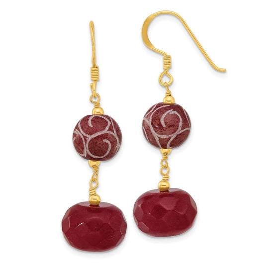 Yellow Gold-plated Sterling Silver Red Jade and Dark Red Quartz Earrings