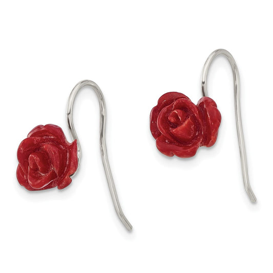 Sterling Silver 10mm Red Coral Rose Shepherd Hook Earrings