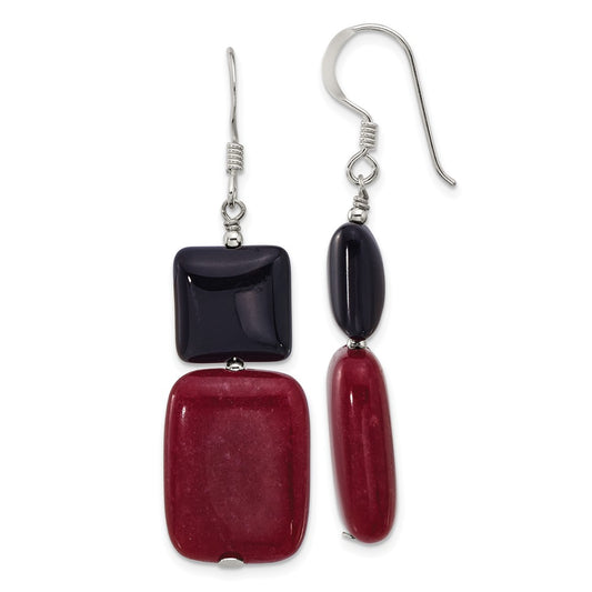 Sterling Silver Black Agate and Red Jade Shepherd Hook Earrings