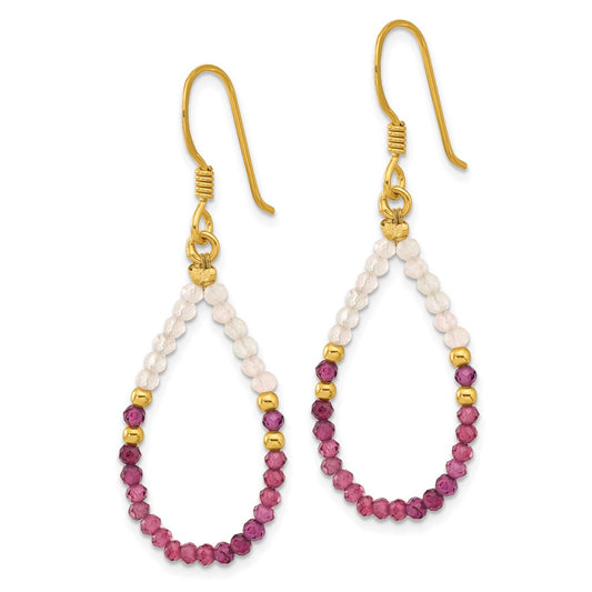 Yellow Gold-plated Sterling Silver Garnet and Rose Quartz Dangle Earrings
