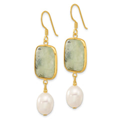 Yellow Gold-plated Sterling Silver FWC Pearl and Prehnite Dangle Earrings