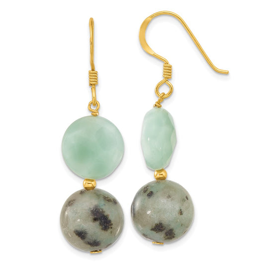 Yellow Gold-plated Sterling Silver Amazonite and Kiwi Jasper Dangle Earrings