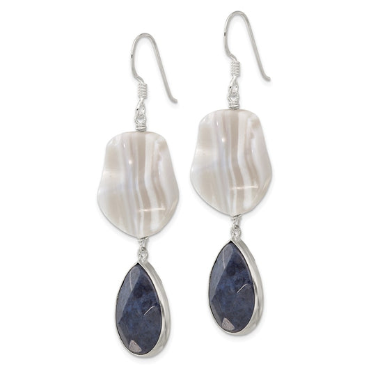 Sterling Silver Grey Agate and Lapis Dangle Shepherd Hook Earrings