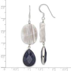 Sterling Silver Grey Agate and Lapis Dangle Shepherd Hook Earrings