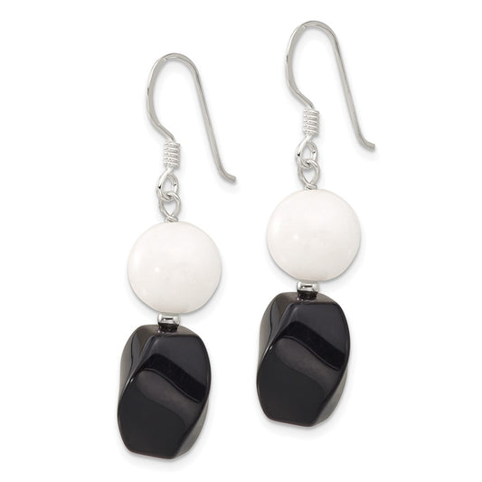 Sterling Silver Black Agate White Jade Dangle Shepherd Hook Earrings