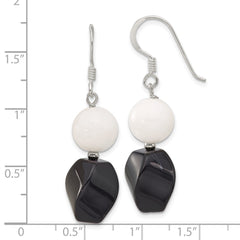 Sterling Silver Black Agate White Jade Dangle Shepherd Hook Earrings