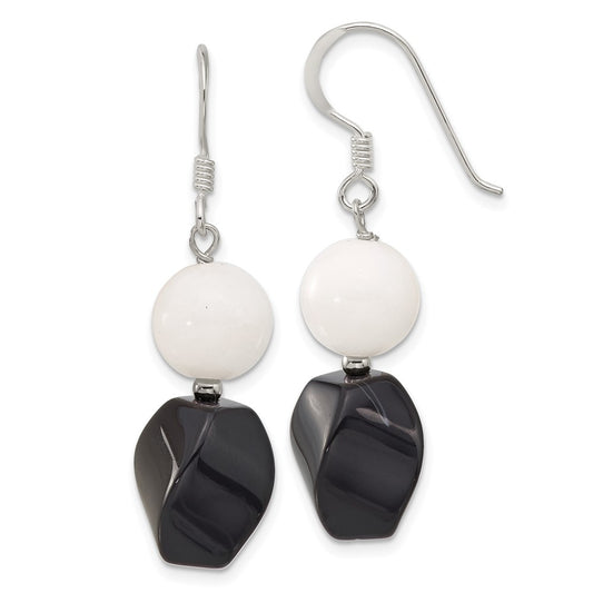 Sterling Silver Black Agate White Jade Dangle Shepherd Hook Earrings