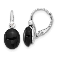 Rhodium-plated Sterling Silver Onyx and .06WT White Topaz Earrings