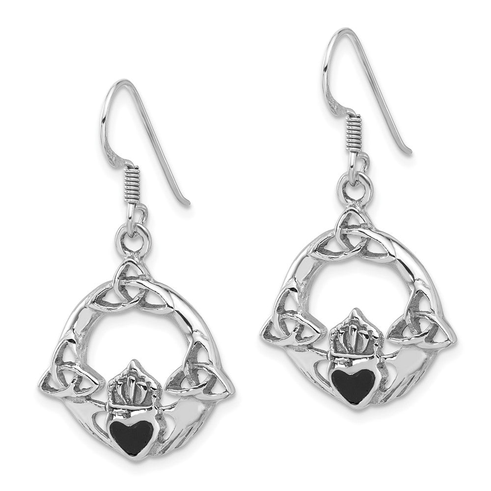 Rhodium-plated Silver Black Onyx Claddagh Dangle Shepherd Hook Earrings