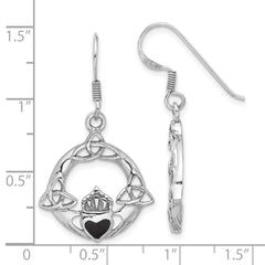 Rhodium-plated Silver Black Onyx Claddagh Dangle Shepherd Hook Earrings