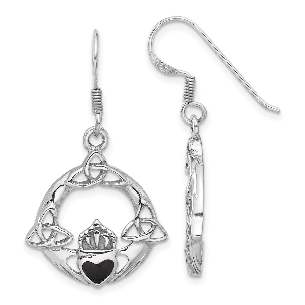 Rhodium-plated Silver Black Onyx Claddagh Dangle Shepherd Hook Earrings