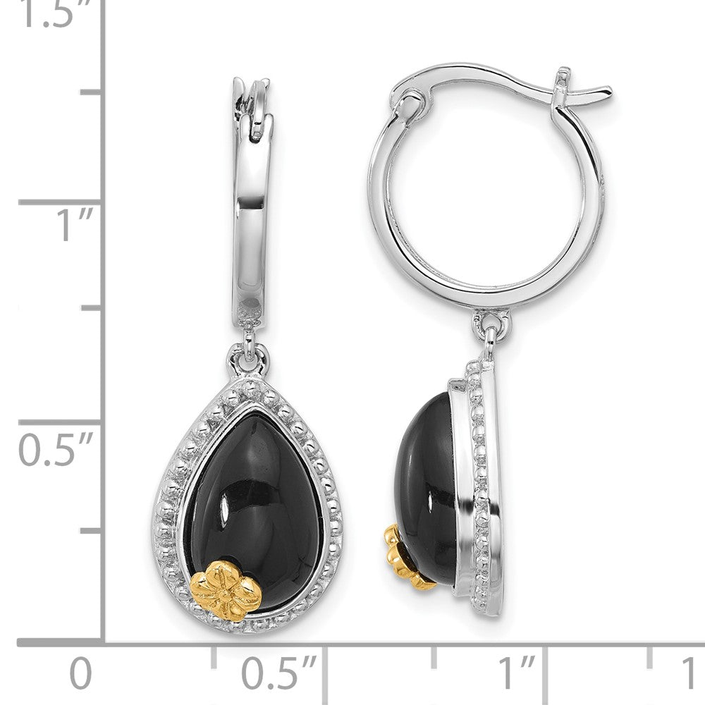 Sterling Silver with 14K accent Rhodium-plated Black Onyx Teardrop Dangle Earrings