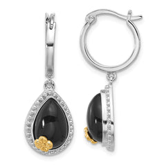 Sterling Silver with 14K accent Rhodium-plated Black Onyx Teardrop Dangle Earrings