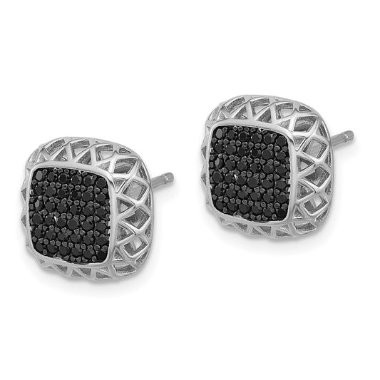 Rhodium-plated Sterling Silver Black Spinel Square Post Earrings