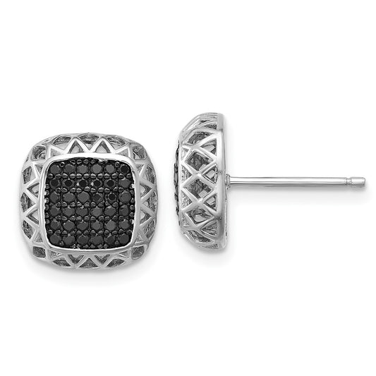 Rhodium-plated Sterling Silver Black Spinel Square Post Earrings