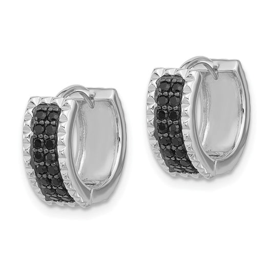 Rhodium-plated Sterling Silver Black Spinel Studded Hinged Hoop Earrings