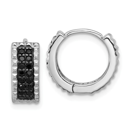 Rhodium-plated Sterling Silver Black Spinel Studded Hinged Hoop Earrings