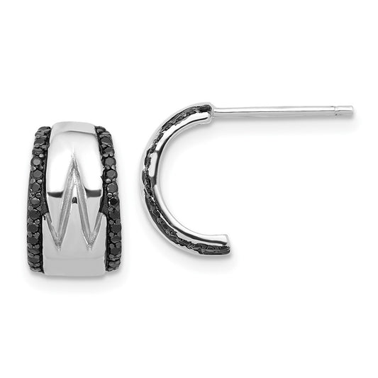 Rhodium-plated Sterling Silver Black Spinel J-Hoop Post Earrings